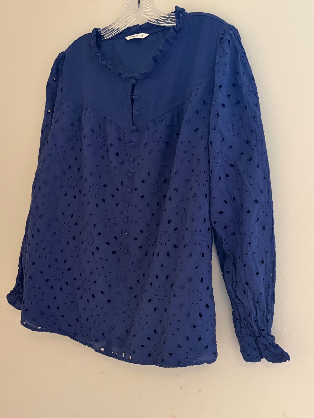 Simplee Apparel Navy Eyelet Ruffle-Neck Button-Front Blouse - Picture 3 of 7